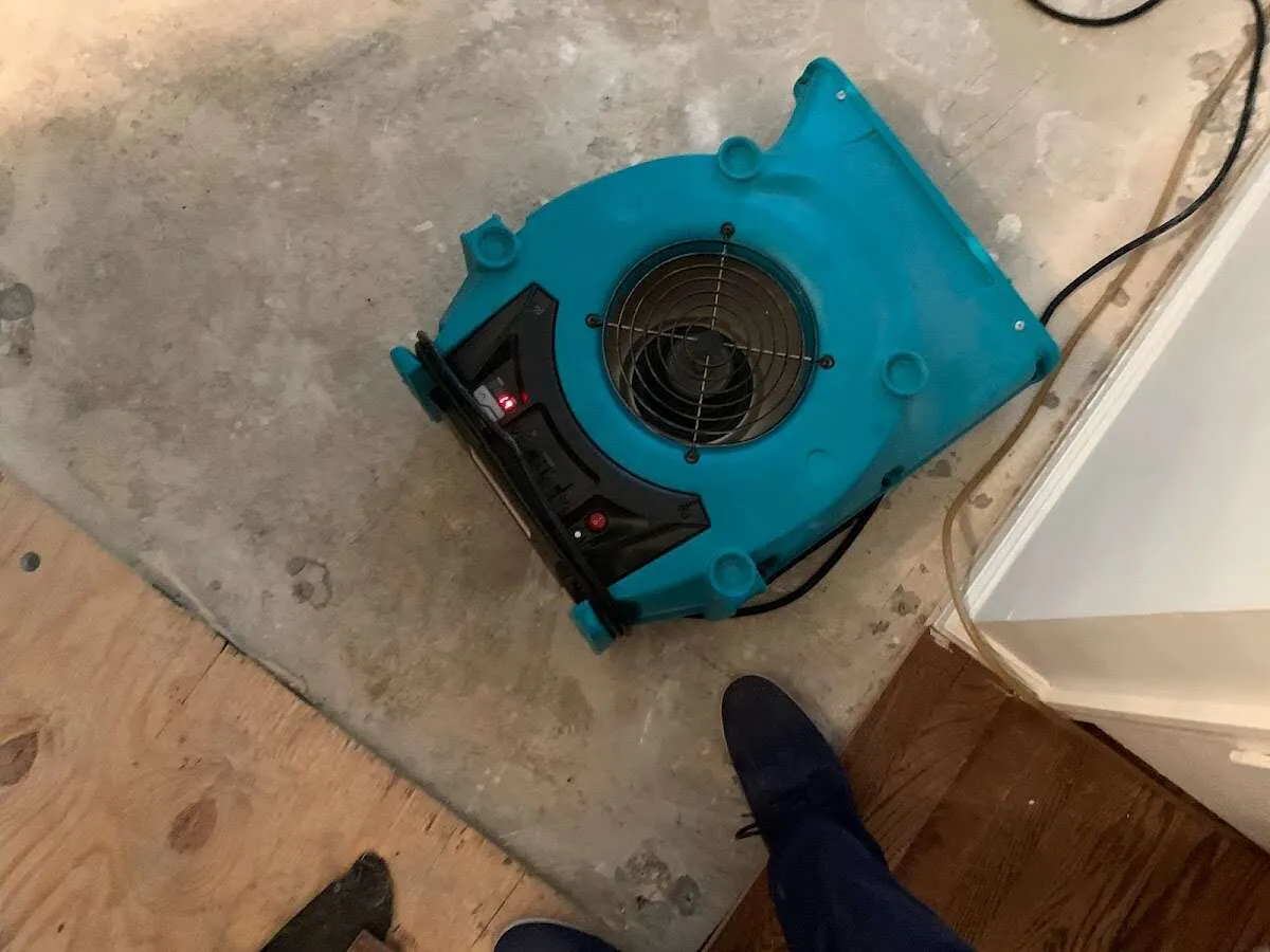 Air mover drying subfloor during Commercial Water Damage Restoration in South Cleveland